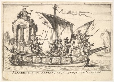 Levha 10: Agamemnon ve Menelaus, V..., 1664 dahil olmak üzere diğer figürlerle birlikte bir teknede oturuyorlar. by Unbekannt