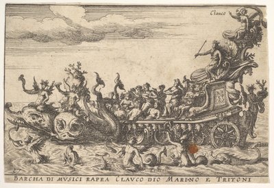 Levha 16: Deniz tanrısı Claucus ve tritonlar Barcha di musici rapra C..., 1664 ile müzisyenlerin gemisi. by Unbekannt