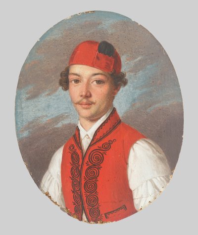 Kırmızı yelek ve dalmaçyalı şapkalı genç bir adamın portresi by Unbekannt