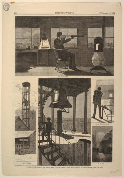 Print, Watch-tower, Corner of Spring ve Varick Streets, New York, 28 Şubat 1874 by Unbekannt