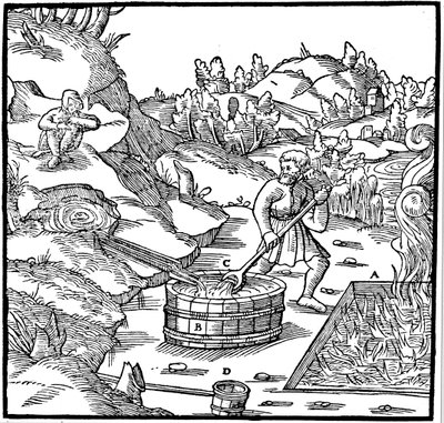 Doğal tuzlu suyu yanan bir kömür çukuruna dökerek buharlaştırarak tuz üretmek, 1556 by Unbekannt