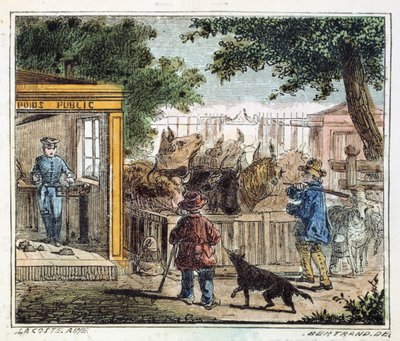 Bir pazarda sığırları tartmak için kullanılan halka açık kantar, 1867 by Unbekannt