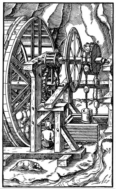 Bir koşu bandında erkekler tarafından çalıştırılan pompa, 1556 by Unbekannt