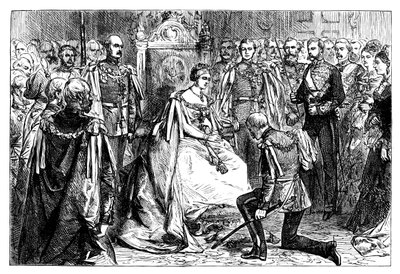 Kraliçe Victoria, Hindistan Yıldızı düzeninin ilk yatırımını elinde tutuyor, c1861 by Unbekannt