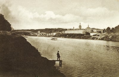 Demiryolu köprüsü ve Novodevichy Manastırı New Maidens Manastırı, Moskova, Rusya, 1910