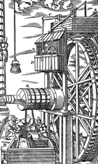 Bir maden kuyusundan deri kovaları kaldırmak için ters çevrilebilir vinç, 1556 by Unbekannt