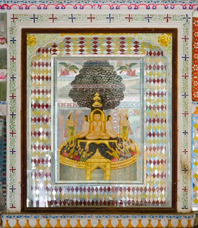 19. yüzyıldan kalma Patwon ki Haveli konağında bir odada zengin bir şekilde dekore edilmiş dini sanat eserleri, Jaisalmer, Rajasthan, Hindistan (fotoğraf) by Unbekannt
