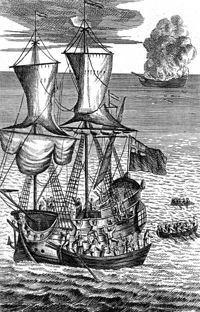 Robinson Crusoe, Denizde Yanan Bir Geminin Mürettebatını Kurtarıyor, c1719 by Unbekannt