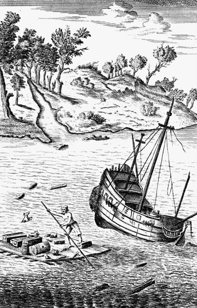 Robinson Crusoe Mallarını Geminin Enkazından Kurtarmak, c1719 by Unbekannt