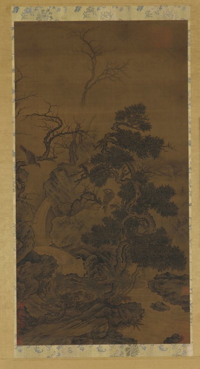 Kayalar, ağaçlar, dere ve şahinler, 14. yüzyıl. by Unbekannt