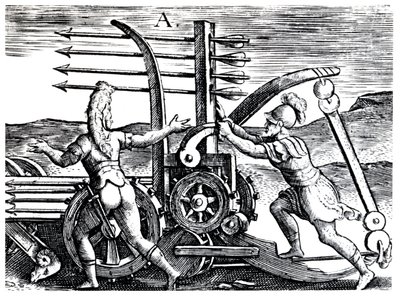 Birden fazla ok atan bir savaş motoru kullanan Romalı askerler, 1605 by Unbekannt