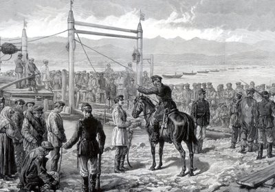 Askeri eskort altındaki Rus hükümlüler, Yenisey nehrinde feribotla geçmeyi bekliyorlar, Sibirya, 1882 by Unbekannt