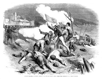 Rus askerleri, bir ateşkes bayrağının koruması altında bir İngiliz gemi mürettebatına ateş ediyor, 1855 by Unbekannt