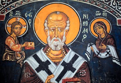 Aziz Nikolaos, 14. Yüzyıldan kalma İsa ve Meryem Bizans freskini çevreliyor (1332) Nathex, güney duvarı Phorbiotissa Bakire kilisesi, Asinou Unesco sitesi Troodos bölgesi, Kıbrıs by Unbekannt