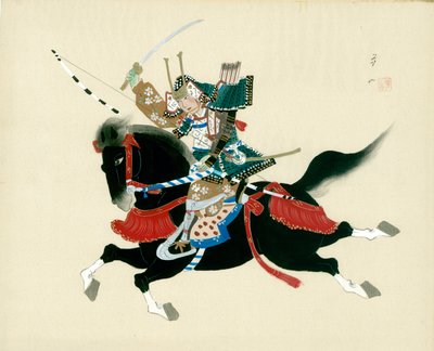 Samuray Savaşçısı ata biniyor. Geleneksel Japon tarzında ipek üzerine bir Japon resmi by Unbekannt