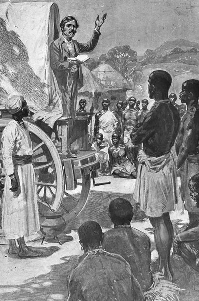 İskoç kaşif ve misyoner David Livingstone bir vagondan vaaz veriyor, Afrika, 19. yüzyıl by Unbekannt