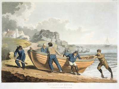 Klinkerden yapılmış bir botu kıyıya taşıyan denizciler, 1821 by Unbekannt