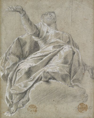 Bir bulutun üzerinde oturan kadın figürü, yukarıya bakıyor, 1600-1675 by Unbekannt