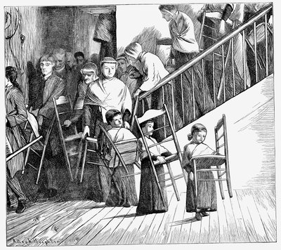 Akşam yemeğine giden Shaker topluluğu, her biri kendi Shaker sandalyesini taşıyor, New York Eyaleti, 1870 by Unbekannt
