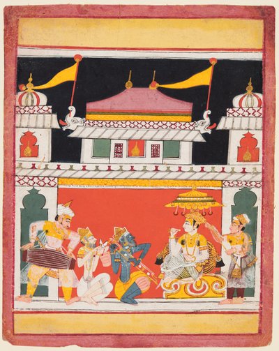 Bir Ragamala serisinden Shri Raga, Üç müzisyen bir soylunun önünde performans sergiliyor, c. 1650. by Unbekannt
