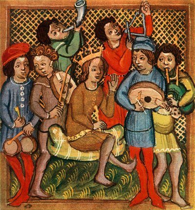 Küçük davullar, keman, korno, üçgen ud ve gayda, Olomouc İncil, 1417, 1948 by Unbekannt