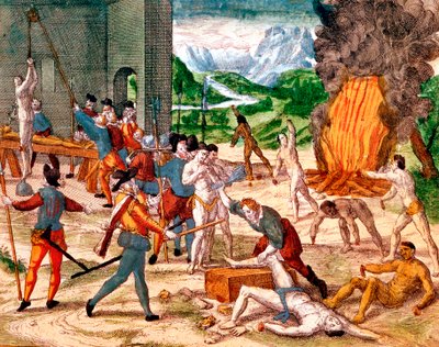 İspanyol fatihler Amerikan yerlilerine işkence ediyor, 1539-1542 by Unbekannt