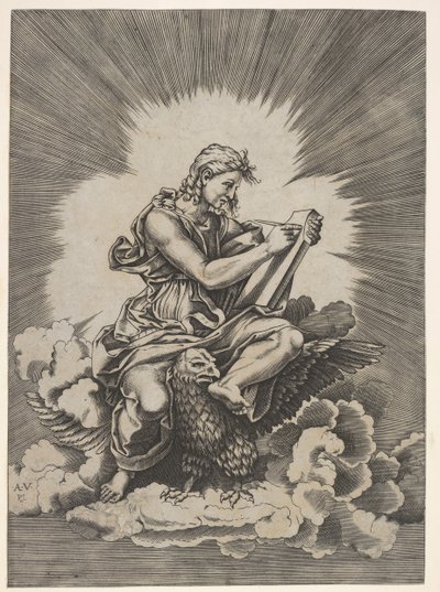 John, oturmuş ve bir tablete bir yazı aleti tutan, 1518