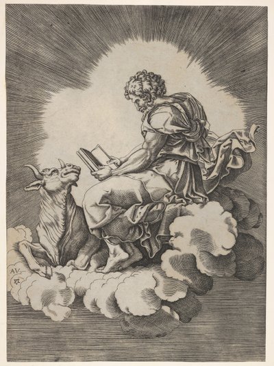 St. Luke, iki elinde açık bir kitapla bir bulutun üzerinde oturuyor, ücretinde yatan bir boğa..., 1518
