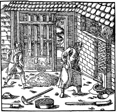 Metal çıkarmak için cevheri damgalama ve kavurma, 1556 by Unbekannt