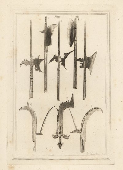 Kılıç bıçağı teber 1,3,5, kahverengi fatura 2, Lochaber-balta 4, eski fatura 6, küçük çan 7 ile el faturası ve Battefield, Shrewsbury 8