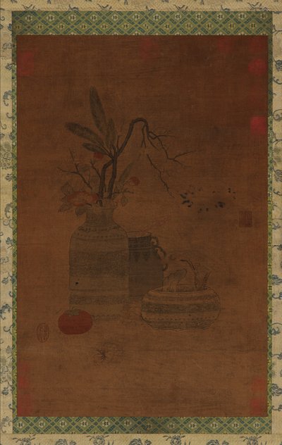 Goblen: bir kase, iki kavanoz, çiçekler ve meyve, Muhtemelen Ming hanedanı, 1368-1644. by Unbekannt