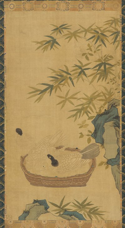 Goblen: bir kasede yıkanan güvercinler, kayalar ve bambular, Muhtemelen Ming hanedanı, 1368-1644. by Unbekannt