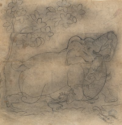 Fil Kral Bir Timsahla Güreşti: Bir Gajendra Moksha Serisinden İllüstrasyon, 19. yüzyılın sonları. by Unbekannt