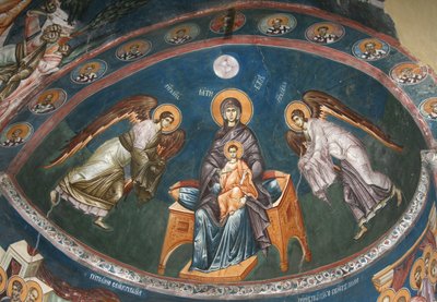 Meryem, Başmelekler Mikail ve Cebrail ile Mesih Emmanuel ile Enthroned, 14. yüzyıl by Unbekannt