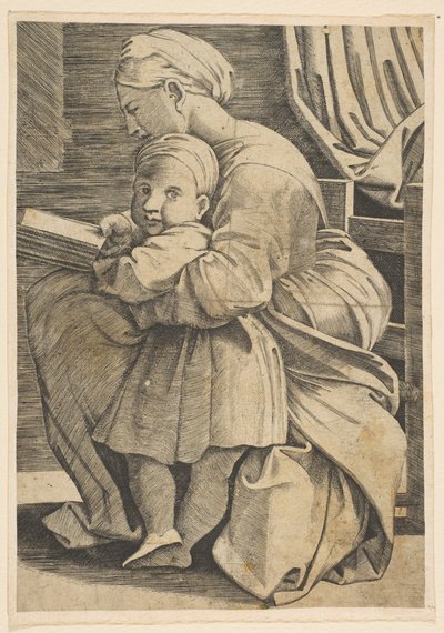 Bakire, bebek İsa ile birlikte okuyor, profilde oturan kadın sola bakıyor..., ca. 1515-1600. by Unbekannt