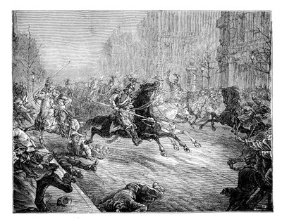 Darbe detat, Paris bulvarlarında kalabalığa hücum eden mızraklılar, 19. yüzyıl by Unbekannt