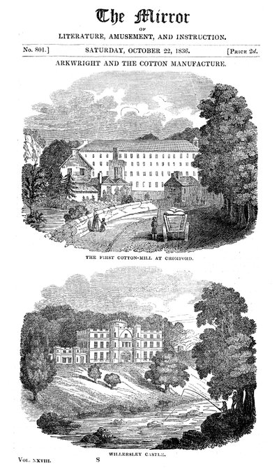 Cromford, Derbyshire ve Richard Arkwrights evindeki ilk pamuk fabrikası, 1836 by Unbekannt