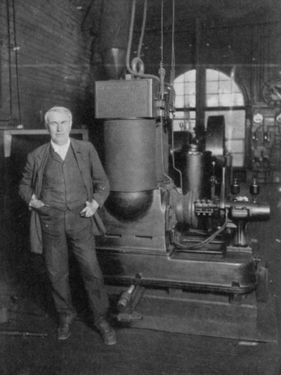 Thomas Alva Edison, Amerikalı mucit, elektrik ışığı üretmek için ilk dinamosuyla, 1880