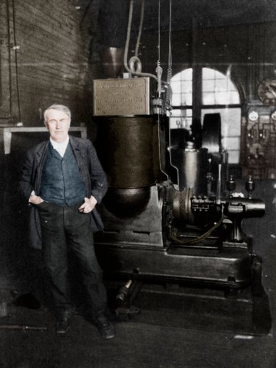 Thomas Alva Edison, Amerikalı mucit, elektrik ışığı üretmek için ilk dinamosuyla, 1880