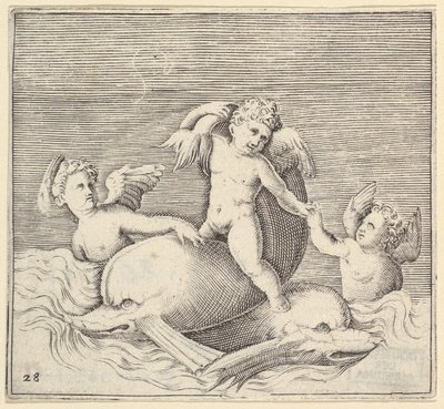 Üç Aşk Tanrısı ve İki Yunus, yayınlandı ca. 1599-1622. by Unbekannt