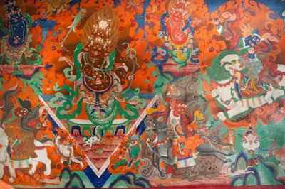 Tibet Budizmi; toplantı salonundaki eski duvar resmi; ok ve yaylarla savaşan iblis; Trakthok Gompa Manastırı; Leh yakınlarındaki Sakti; Ladakh bölgesi; Jammu ve Keşmir; Hindistan; Güney Asya; Asya by Unbekannt