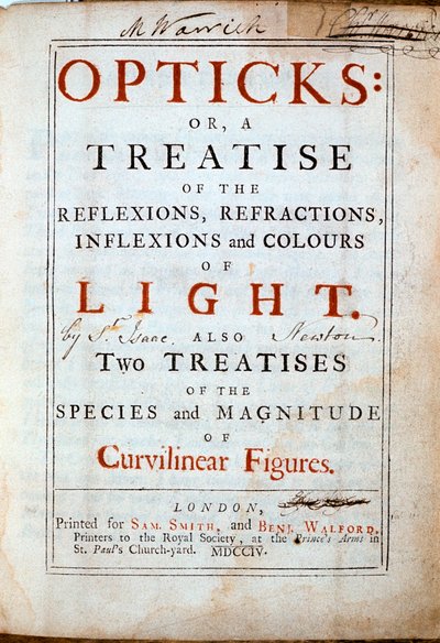 İngiliz bilim adamı ve matematikçi Isaac Newton tarafından yazılan Opticks kitabının başlık sayfası, 1794 by Unbekannt