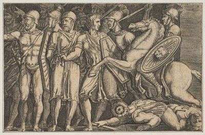 Trajan Daçyalılarla Savaşan Trajan, at sırtında sağdan bir gruba doğru sürüyor ..., yakl. 1515-1600. by Unbekannt