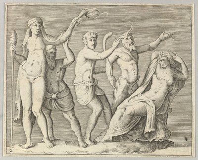 İki Figür, bir Faun ve bir Satyr, Yatan Bir Kadına yaklaşır, yaklaşık olarak yayınlanmıştır. 1599-1622. by Unbekannt