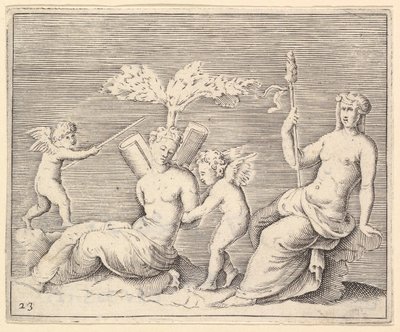 İki Kadın ve İki Aşk Tanrısı, yayınlandı ca. 1599-1622. by Unbekannt