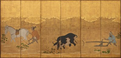 Pirinç tarlasını süren ve tırmıklayan iki çiftçi, Edo dönemi, 1615-1868. by Unbekannt