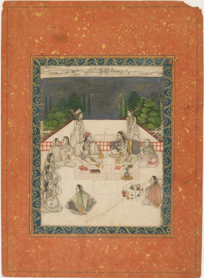 Bir terasta oturan, görevliler ve müzisyenlerle çevrili iki kadın, yaklaşık. 1650. by Unbekannt