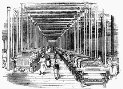Kayış ve mil ile tahrik edilen elektrikli tezgah sıraları ile donatılmış dokuma hangarı, c1840 by Unbekannt