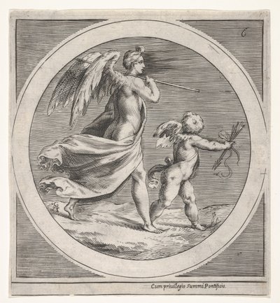 Kanatlı bir kadın figürü, dökümlü ve asa taşıyan, kanatlı bir putto arkasında yürüyen..., yakl. 1550-1600. by Unbekannt