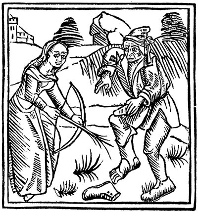 Cadı, ela değnekten yapılmış büyülü bir okla bir adamı ayağından vuruyor, 1489 by Unbekannt
